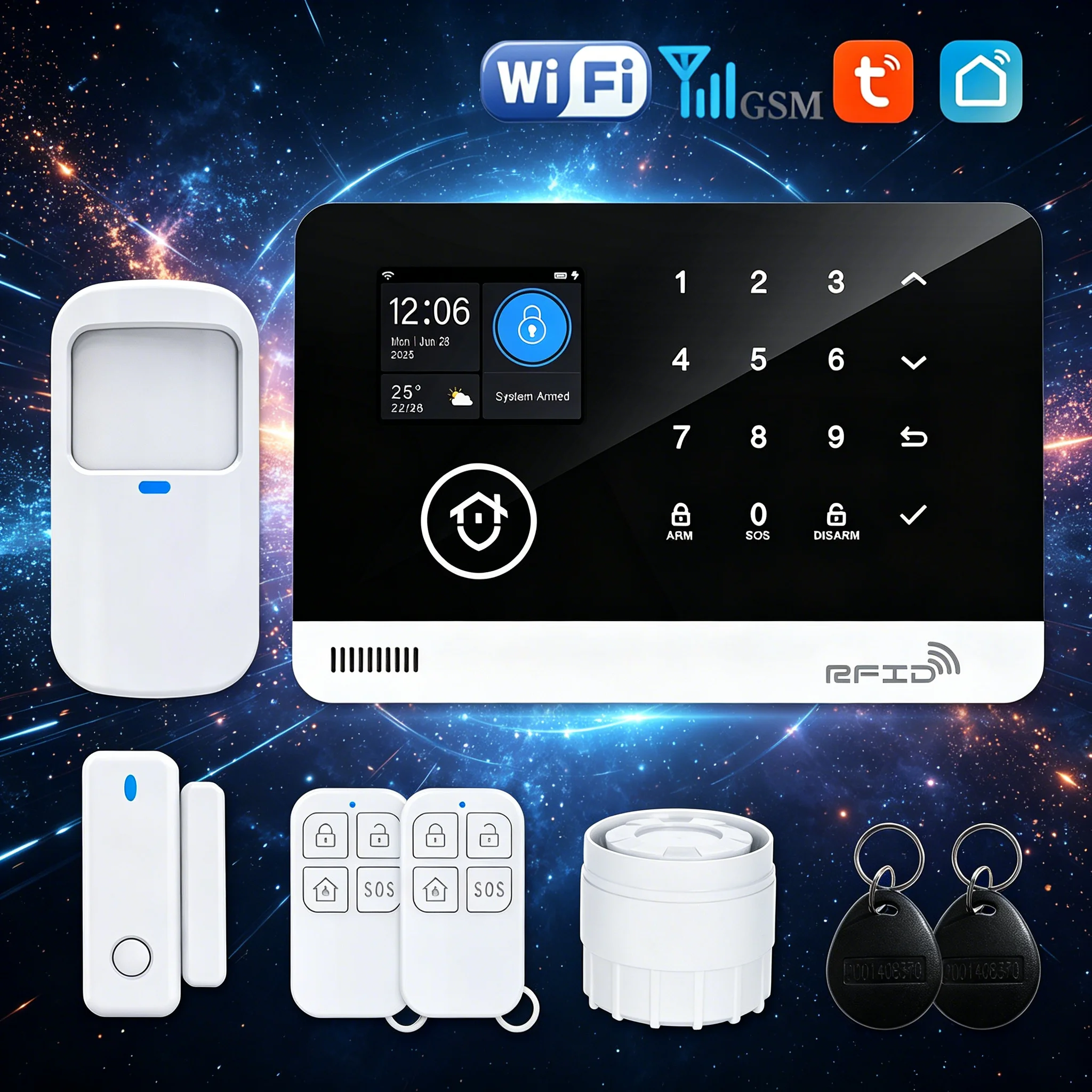 

Комплект домашней охранной сигнализации Tugard WiFi GSM, сирена 120 дБ, датчик движения, пульт дистанционного управления, совместимость с Alexa