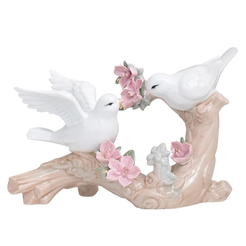 Porcelain Tree Branch Bird Statue Hand Painted Ceramics Birdie Couple Sculpture Bedroom Ornament Sitting Room Decor Gift Craft