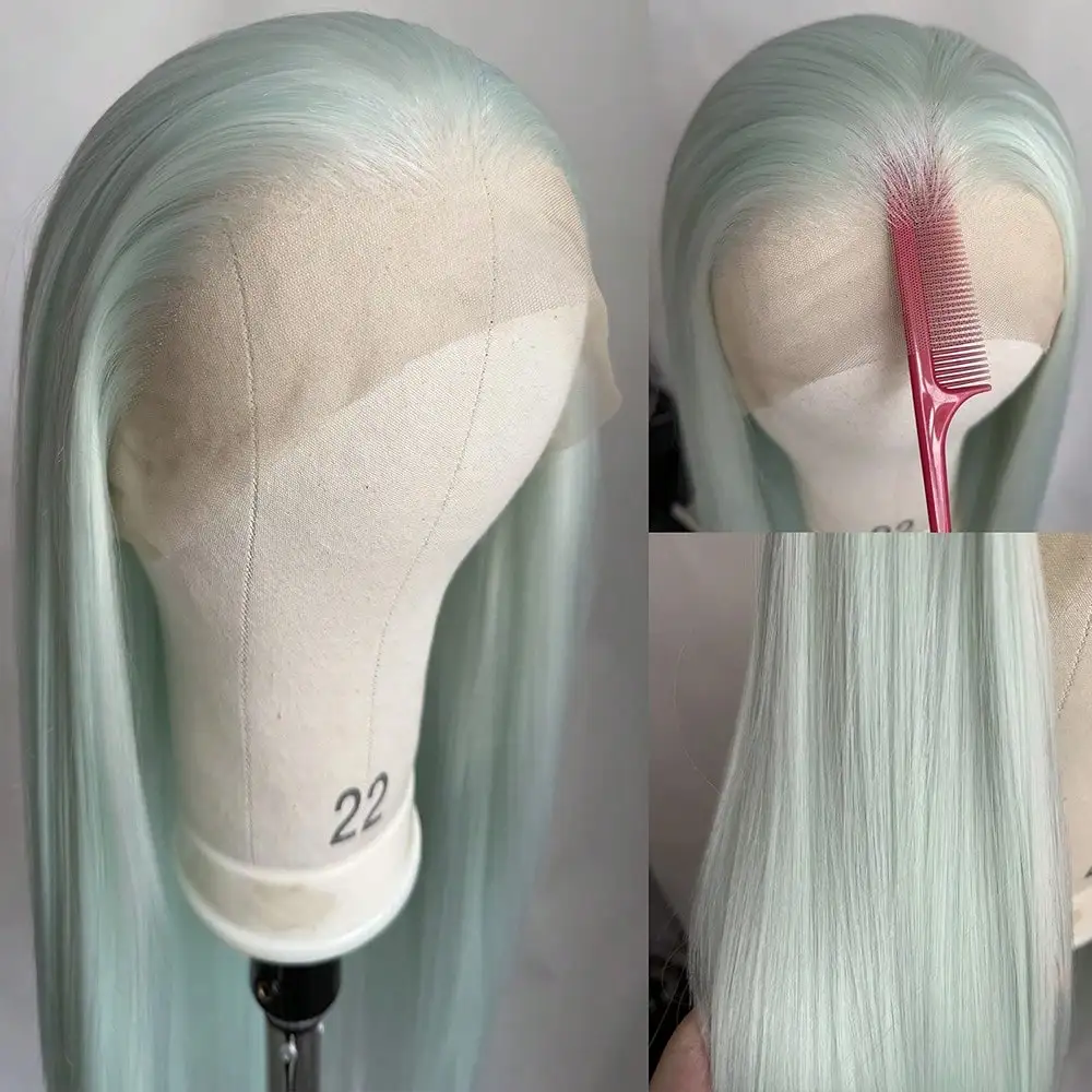 Light Green Lace Wig Long Silky Straight Synthetic Lace Front Wig For Women Natural Hairline Daily Wear Cosplay Party