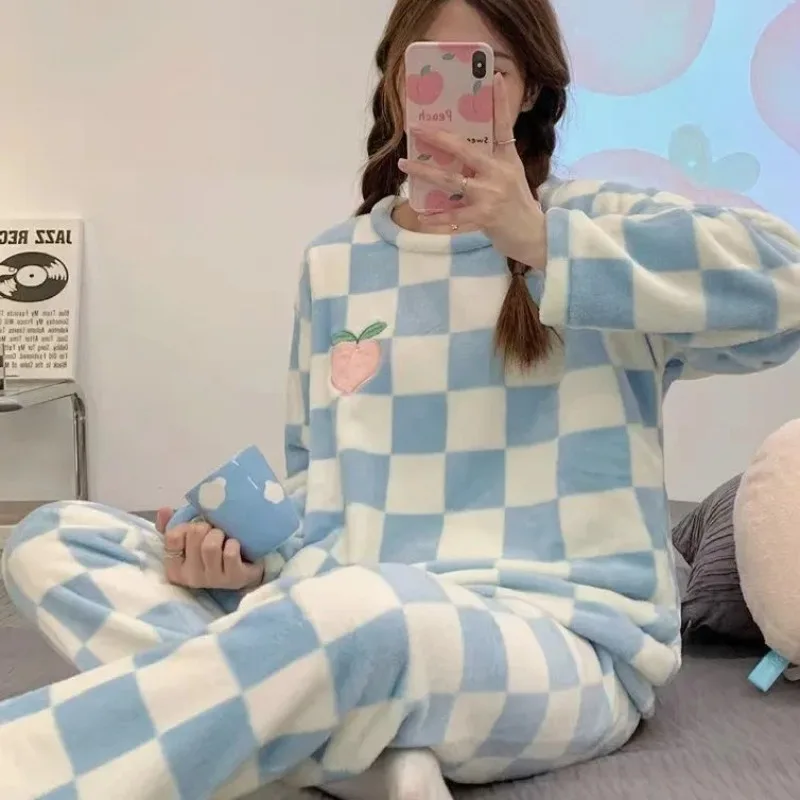 Pijamas quentes para o inverno engrossado plus size coral veludo pijamas feminino quente manga longa cor sólida calças xadrez casa terno se