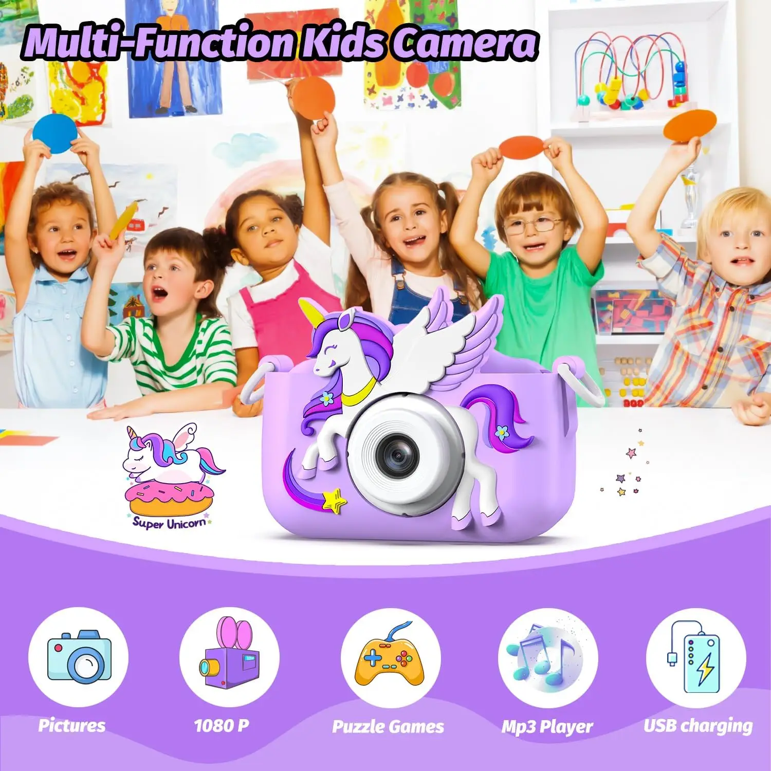 Unicórnio série crianças câmera digital câmera dupla hd 1080p câmera de vídeo brinquedos crianças brinquedo para aniversário/presente de natal