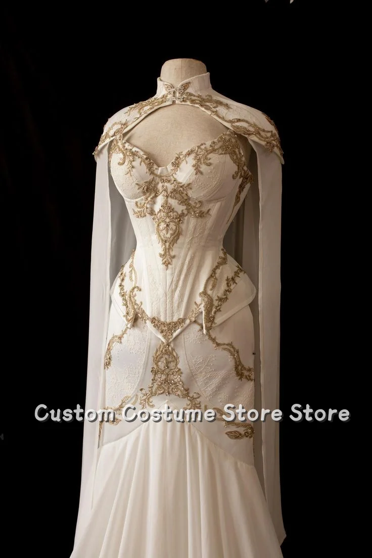 Customized Elegant White Gold Beaded Embellished Wedding Dress High Neck Trailing Halter V-Neck Corset Corset Fishtail Floor