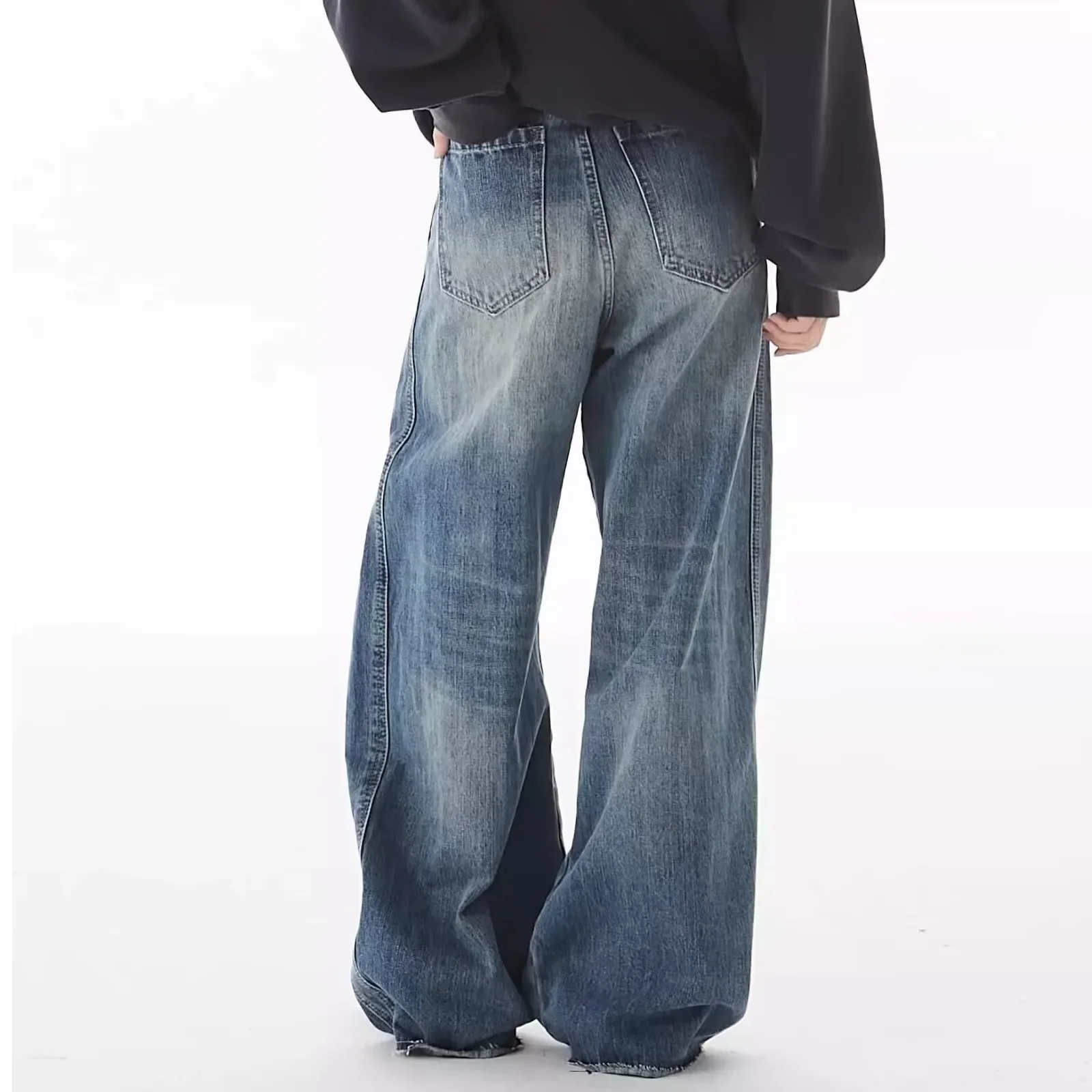 Men's New American-style Vintage Blue Wide-leg Jeans for Spring and Autumn, Slimming Straight-leg Casual Long Pants.