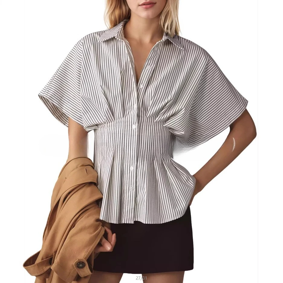 

2026 early summer new shirt casual Korean versatile striped pleated waist thin top women