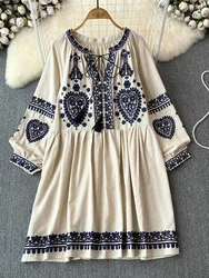 Women's Spring Autumn Dress Bohemian Retro Ethnic Style Cotton Linen Blend Embroidered Long Sleeves Mini Dress A130