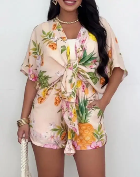 2 Pieces Outfit Open Front Side Slit Cardigan & Elastic Waist Tie Front Shorts Set Casual Floral & Pineapple Print Vacation Set