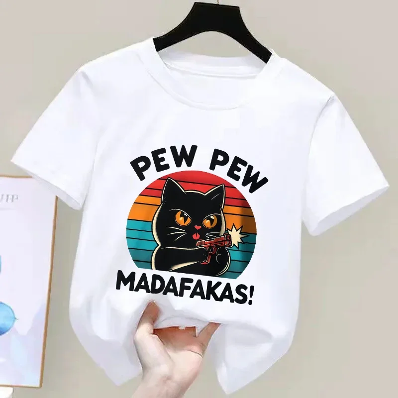 Ultra Soft Kids round Neck Short Sleeve T-Shirt Cute Hand-Drawn Cat Doodle Print 100% Cotton for Boys And Girls