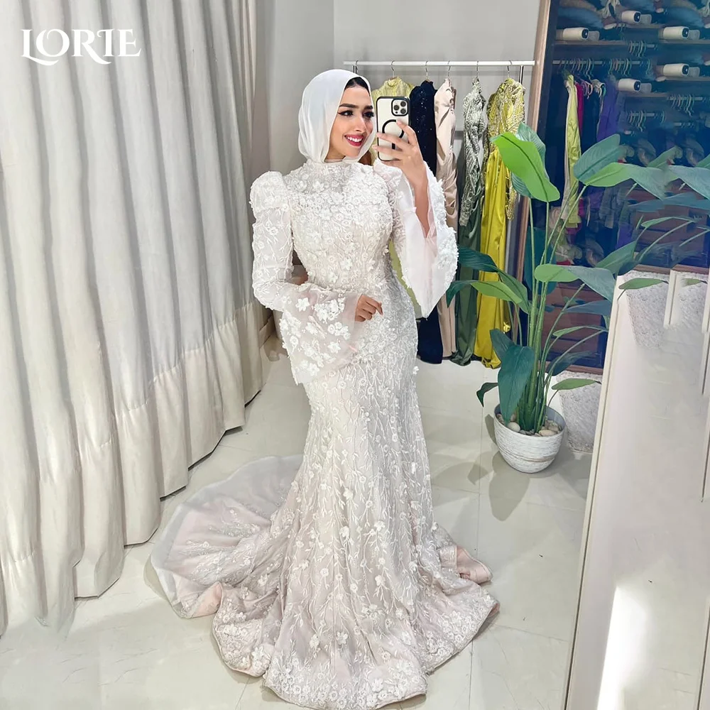 

LORIE Lace Muslim Wedding Dresses Applique High Collar Puff Sleeve Church Mermaid Bridal Gown vestido de novia Customized