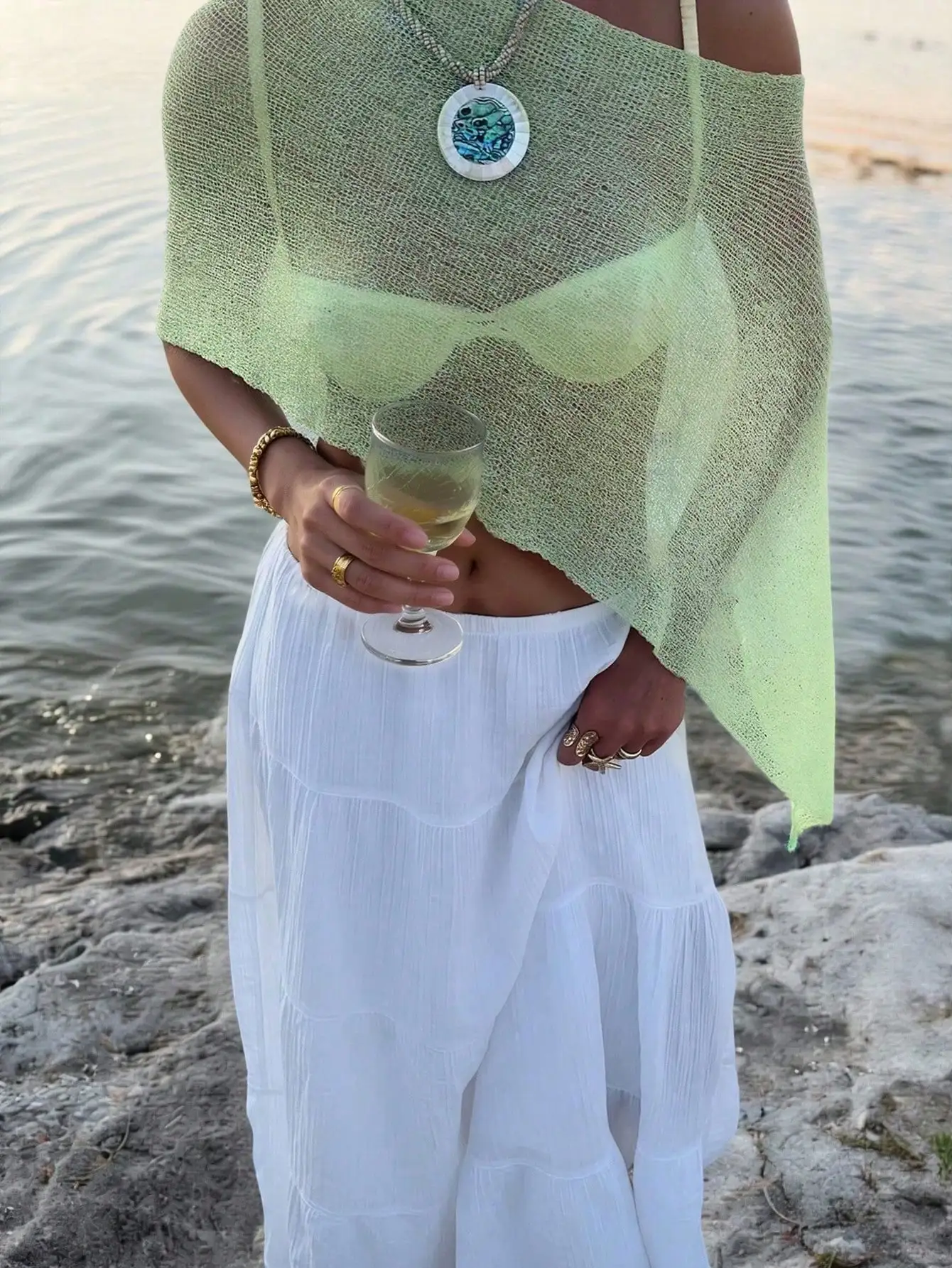 

Women's Green One-Shoulder Sheer Knit Top Loose Beach Vacation Bohemian Asymmetrical Hem Blouse