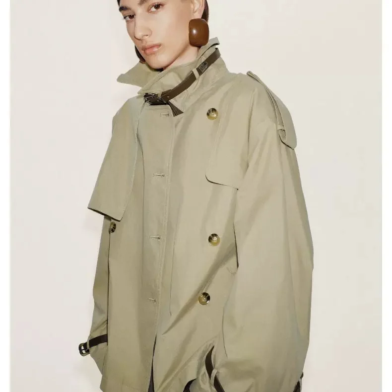 Fashionable ZR Windbreaker Women's  Collar Double-Row Buttoned Outerwear Polyester Fiber Regular Length Wind Coat