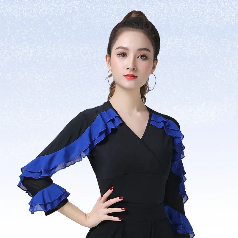 Damskie stroje taneczne Latin V Neck Tops Line Dance Costume Nowy produkt Topy z długim rękawem do tańca towarzyskiego Waltz Professional Competition Samba