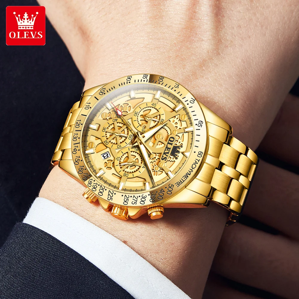 OLEVS 9913 NEW Men\'s Watches Gold Luxury Wristwatches Stainless steel Skeleton Date Chronograph Original Quartz Watches for Man