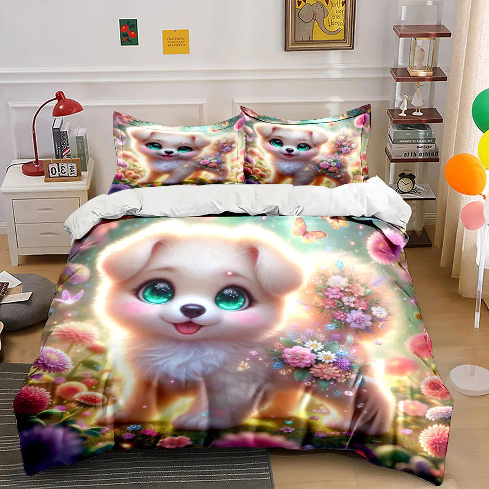Dreamy Floral Dog in Butterfly Garden Duvet Cover Set with 3D Printing Design Soft Polyester Bedding Set All-Season Comfort