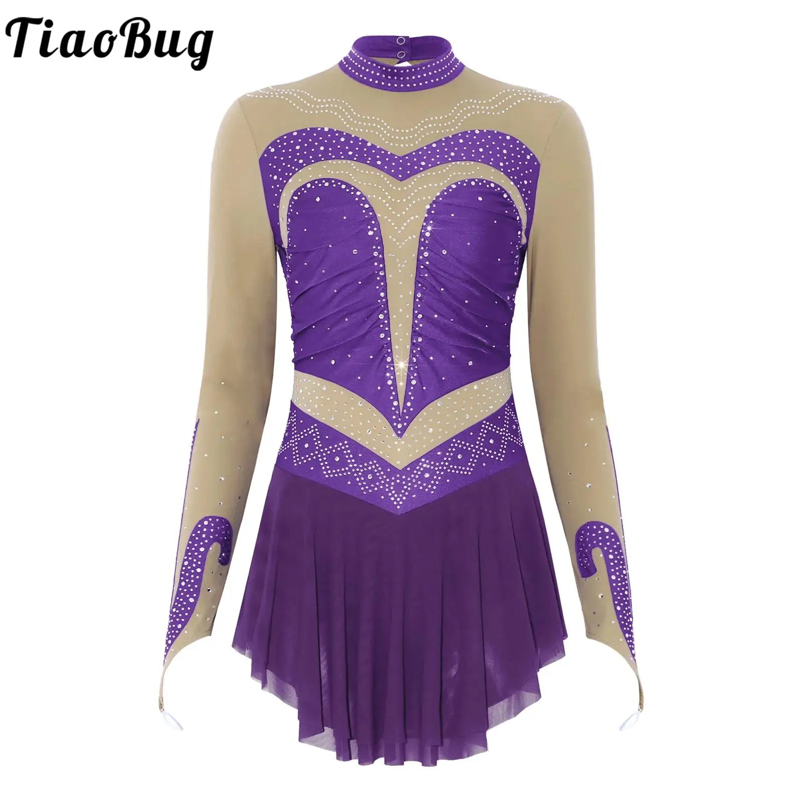 

Women Figure Skating Lyrical Performance Dress Rhinestones Long Sleeve Tutu Mesh Skirts Leotards Modern Ballet Gymnastics Dress