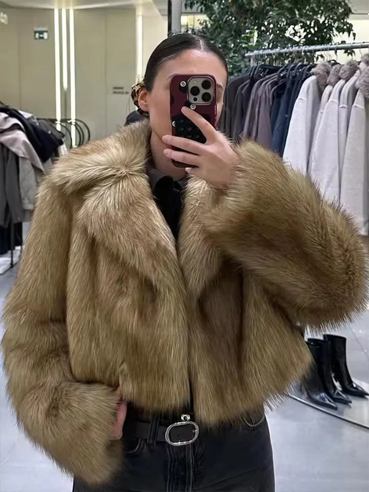 

Women Elegant Faux Fur Coat Warm Fluffy Loose Long Sleeve Lapel Short Jacket Winter Fashion High Street Lady New Outerwear
