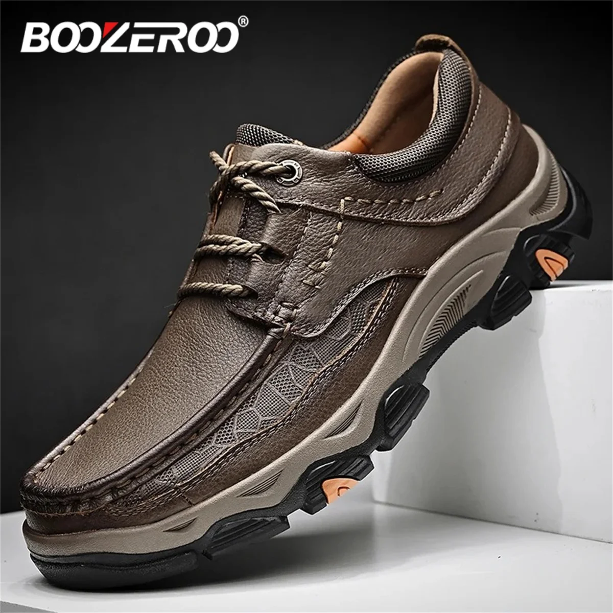 BOOZEROO Fashionable Handmade Casual Men's Leather Shoes Comfortable and Breathable Flats Outdoor Hiking Sneaker