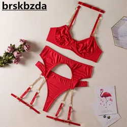 Brskbzda Lingerie Seamless Female Underwear With Chain Strap Red Hot Sexy Intimate Luxury Garter Suit Solid Fine Linen Sets