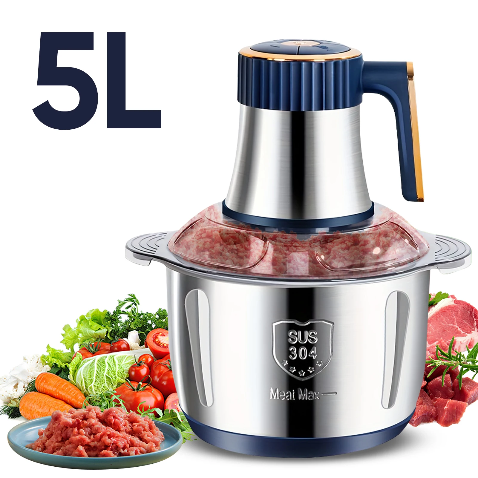 Hachoir Électrique 5L en Acier Inoxydable 304, Broyeur Alimentaire Multifonctionnel, Trancheuse à Légumes, Hachoir, Robot Culinaire pour Bébé