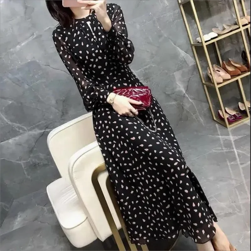 

Fashion Printed Polka Dot Hollow Out Long Dress Women's Clothing 2023 spring and autumn Loose Office Lady Floral Dress