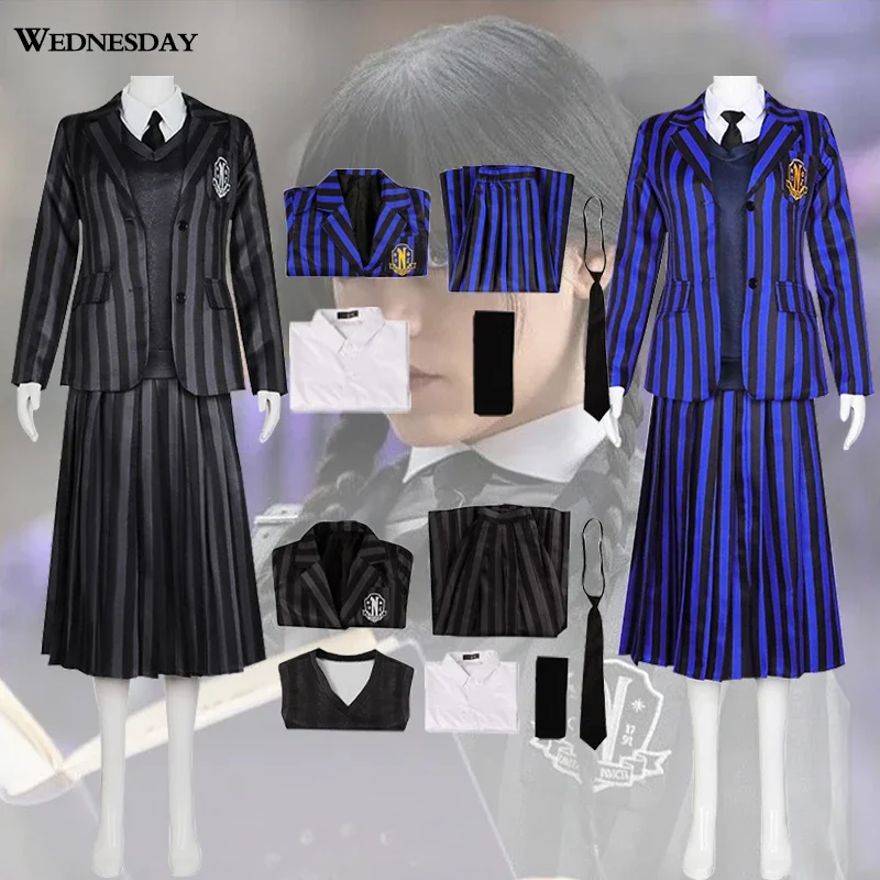 Wednesday   Cosplay Costume Schoolgirl Nevermore College School JK Uniform Adult Kids Wig for Halloween Role Play Party