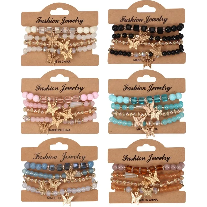 4pcs/set Bohemian Multi Layer Butterfly Pendant Bracelet Hand Woven String Bead Inlaid Rhinestone Bracelet