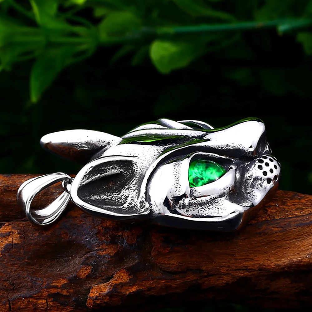 Punk Biker 316L colgante de cabeza de gato de acero inoxidable con ojos verdes collares de piedra para hombres y mujeres joyería de animales de moda al por mayor