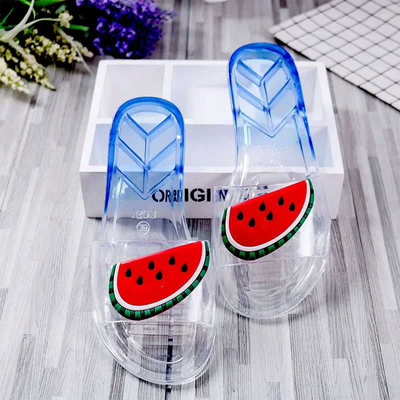 

Дамские прозрачные шлепанцы с открытым носком, Симпатичные Мультяшные декоративные градиентные новые модные водонепроницаемые Нескользящие мягкие туфли на плоской подошве