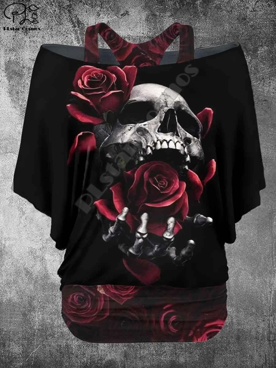 PLstar Cosmos 3D Printed Fake Two-Piece Top Women's Retro Punk Skull Casual T-Shirt Harajuku Streetwear Collection 5
