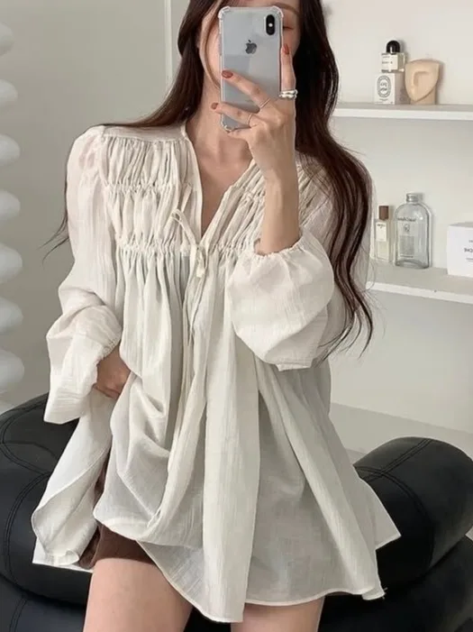 

Корейский Sle V-Ne Pleated Long Sve Women's irt Loose Fit Dstring Design Autumn Faion Item Ele Loose Design Lo...