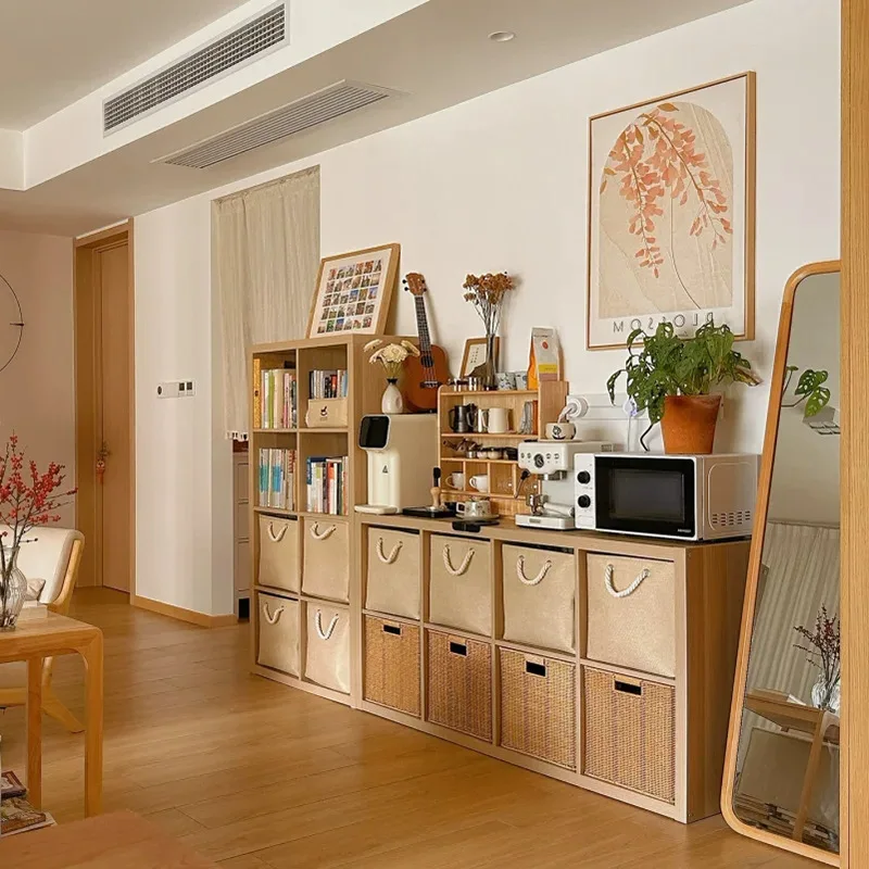 Log wind floor bookshelf integrated wall cabinet locker living room storage cabinet household Japanese lattice cabinet solid woo