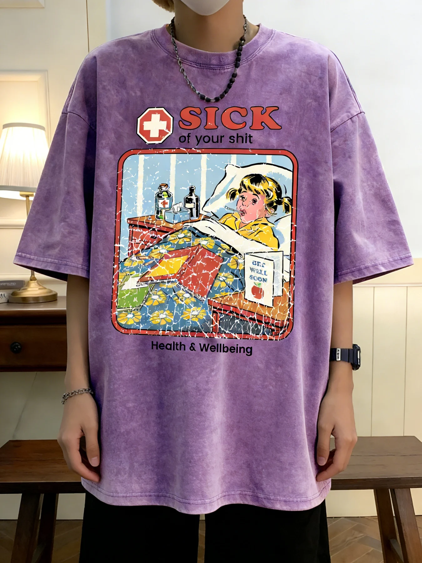 Bawełniana koszulka damska oversize z efektem sprania, vintage nadruk Sick Girl, oddychająca bluzka na wiosnę i lato, styl Y2K retro casual streetwear