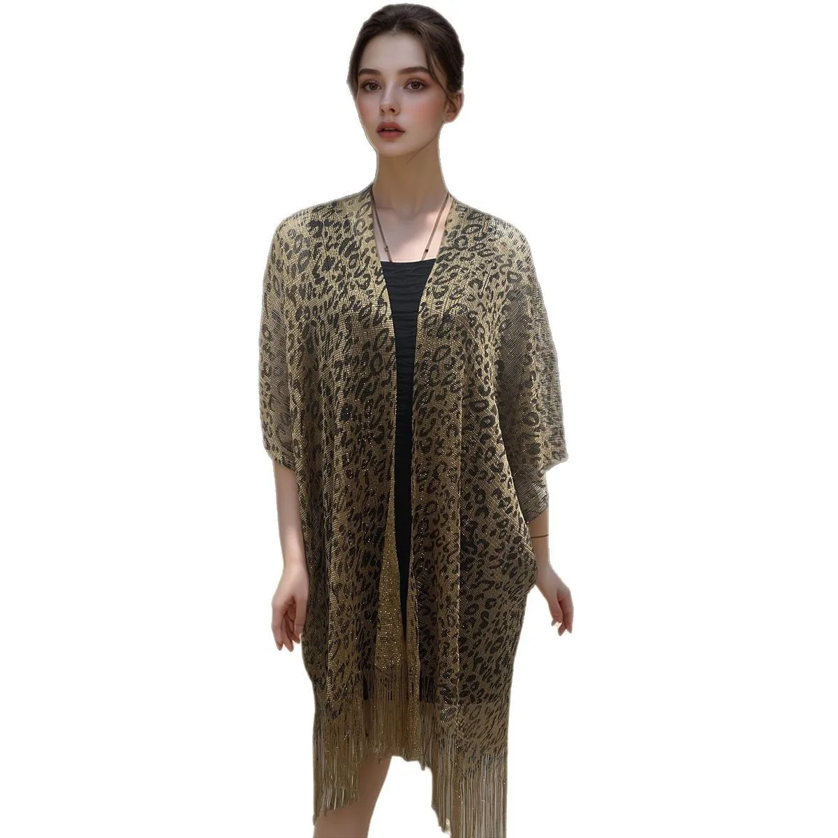 Women's Golden Leopard Print Poncho Summer Sun Protection Cardigan Bikini Cover Cape for Beach Vacation