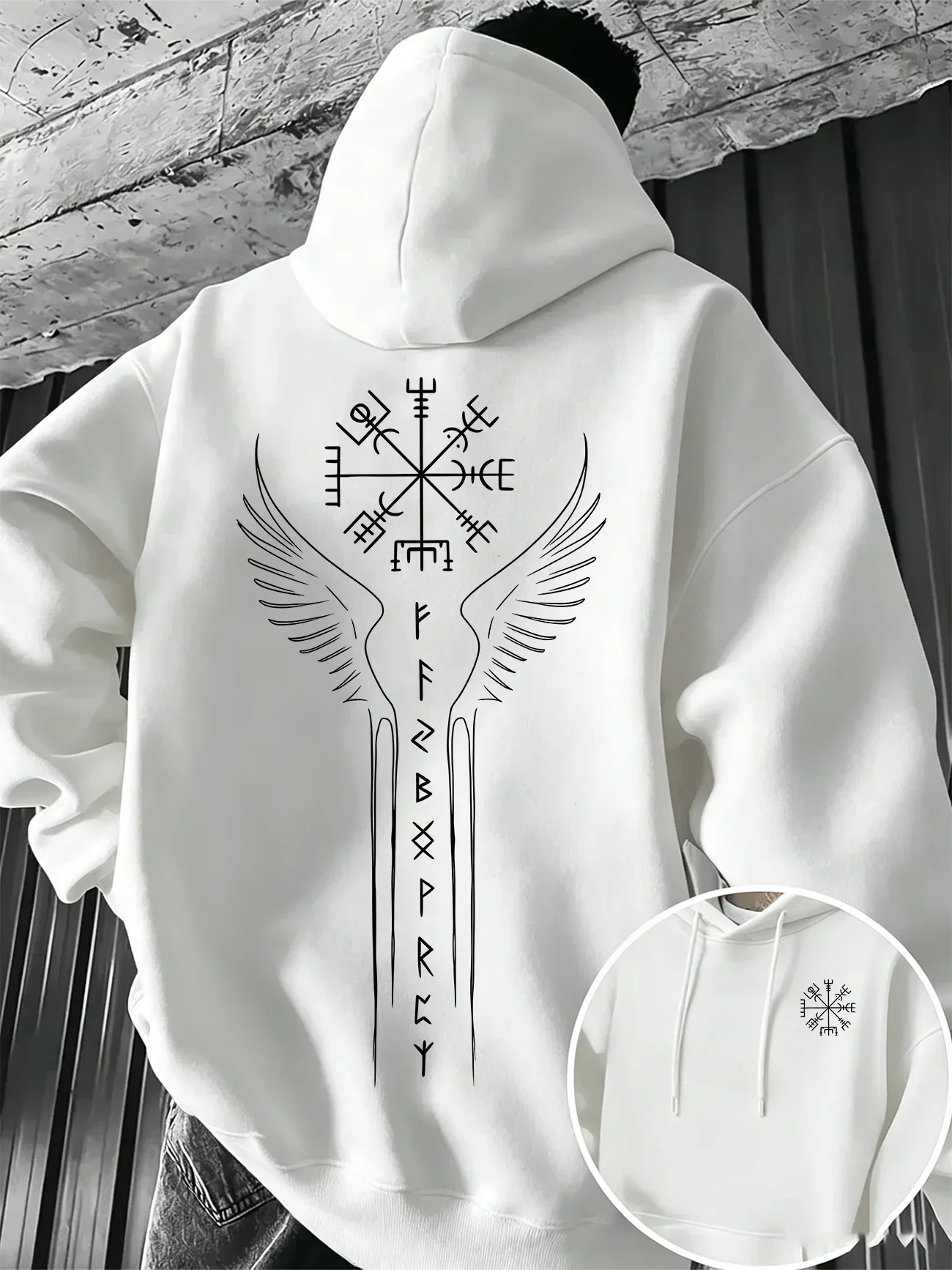 Viking Rune Compass Wing Graphic Hoodie, Unisex, Norse Vegvisir Symbol Print Hooded Pullover Streetwear Sweatshirt