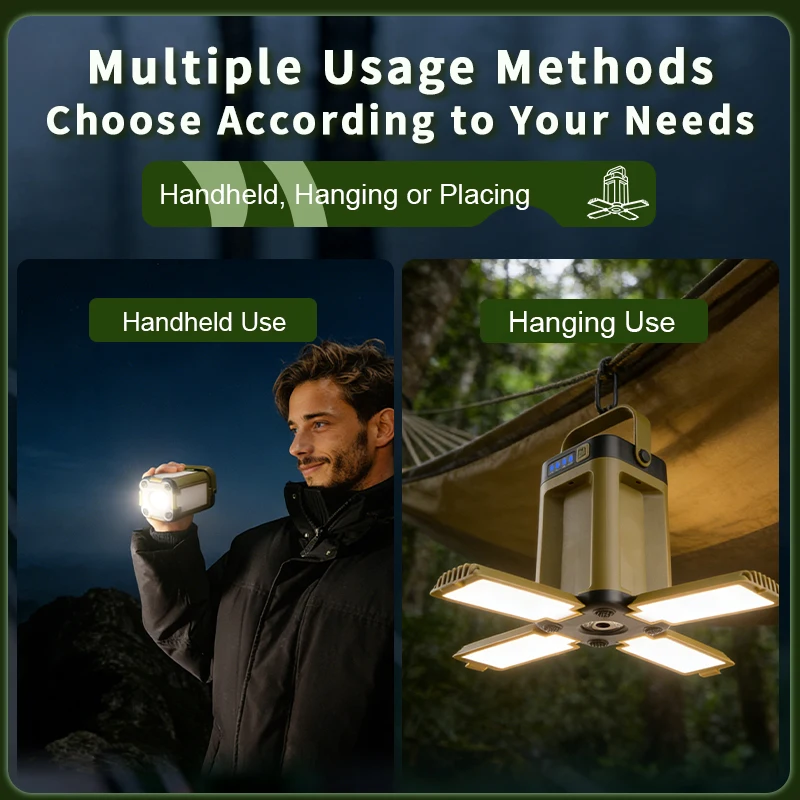 Wiederaufladbare LED-Campinglampe, Tragbare Outdoor-Beleuchtungsausrüstung, Ausgestattet mit Faltbarer Aufhängvorrichtung