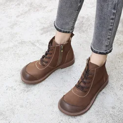 Cowhide women's boots Retro retro ankle boots brown