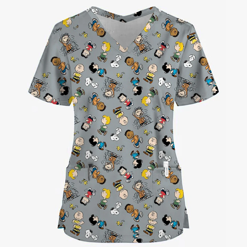 Cartoon Snoopy Printed Short Sleeve Surgical Gowns Tops Nurses' Uniforms V Neck Clinical Uniform For Woman Nursing Uniform