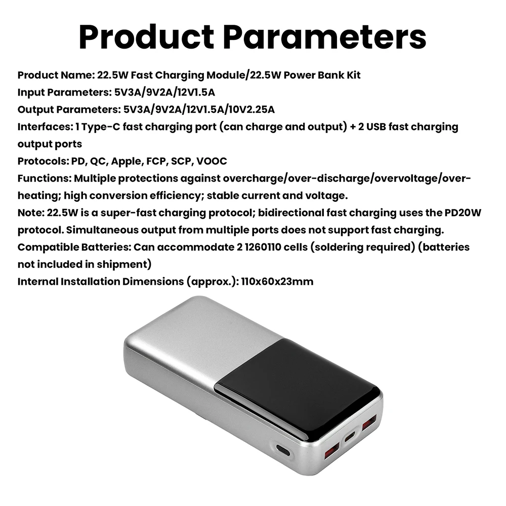 22,5W Schnelllademodul PD QC TFT Farbdisplay DIY Powerbank-Kit 3,7V Li-Ionen-Akku Vierfacher Sicherheitsschutz – Detail 20