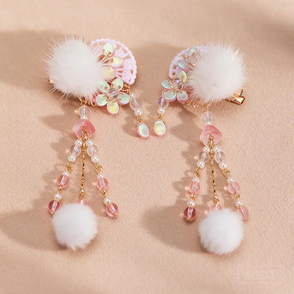 Hanfu Hair Clips 1 Pair Pink Fan Design Fluffy Plush Pom Pom Tassel Hairpins Vintage Chinese Costume Hair Accessories For Women