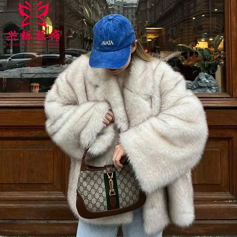 XIN FEN 2024 Winter Ins Hot Fashion Girls Oversized Gradient Fur Coat Women Thick Warm Outerwear Fluffy Faux Fox Fur Jacket