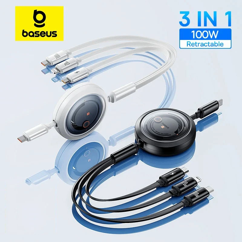 Baseus 3 In 1 Retractable Phone Data Cable Suitable For iPhone Huawei Xiaomi Android Micro Type C USB 100W Fast Charging Cable