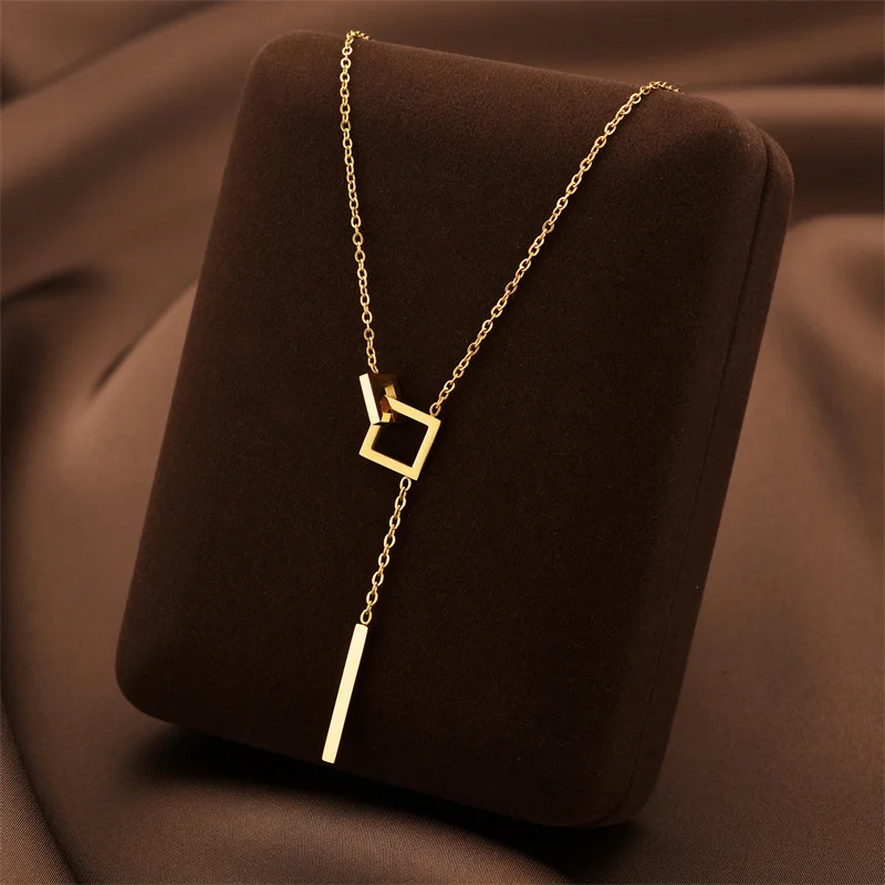 1PCs Temperament Stainless Steel Geometric Square Cross Pendant Necklace for Women Elegant Long Tassel Sweater Choker Jewelry