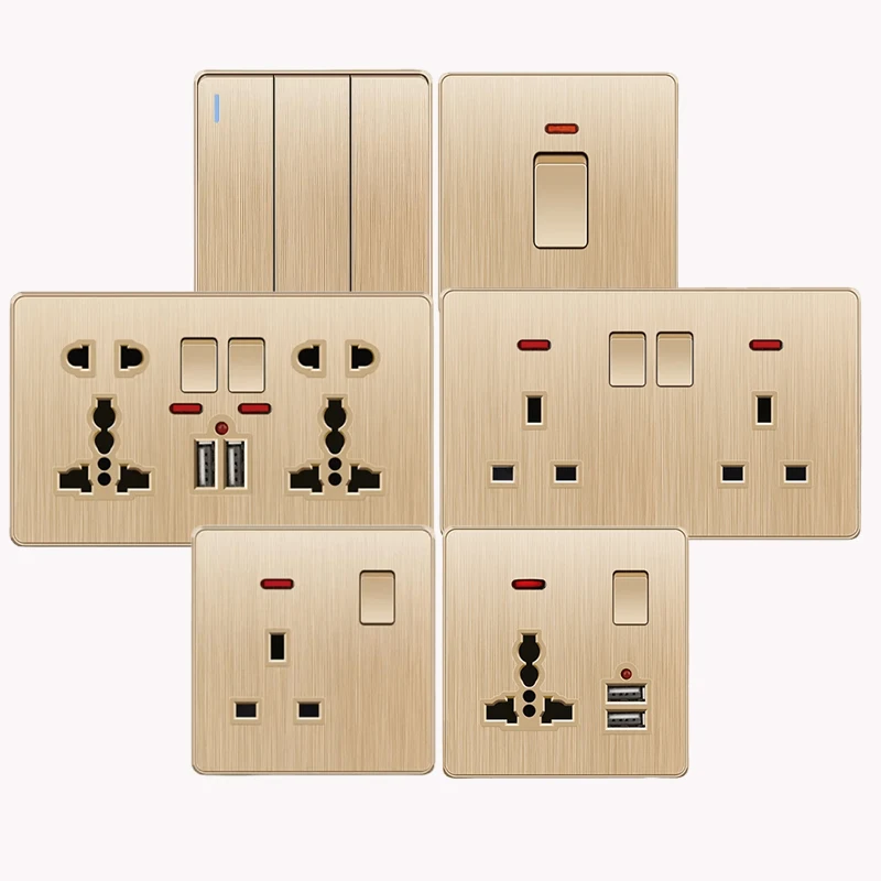 Gold 13A UK Plug USB Wall Socket,Household electric light switch,Universal 5 hole Dual Socket with USB Charger,AC110-250V