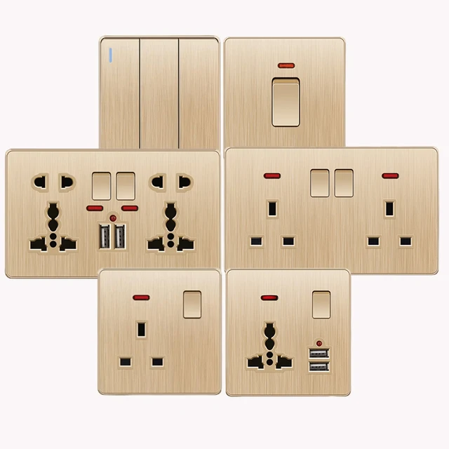 Złoty 13A UK Plug gniazdo ścienne USB, elektryczny włącznik światła domowego, uniwersalny 5-otworowy podwójne gniazdo z ładowarką USB, AC110-250V