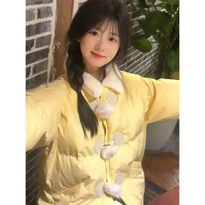 Preppy نمط المرأة الخبز القطن وسادة مبطنة رشاقته الحلو أفخم الأغنام القرن مشبك الشتاء الفتاة طالب القطن سترة منفوخة