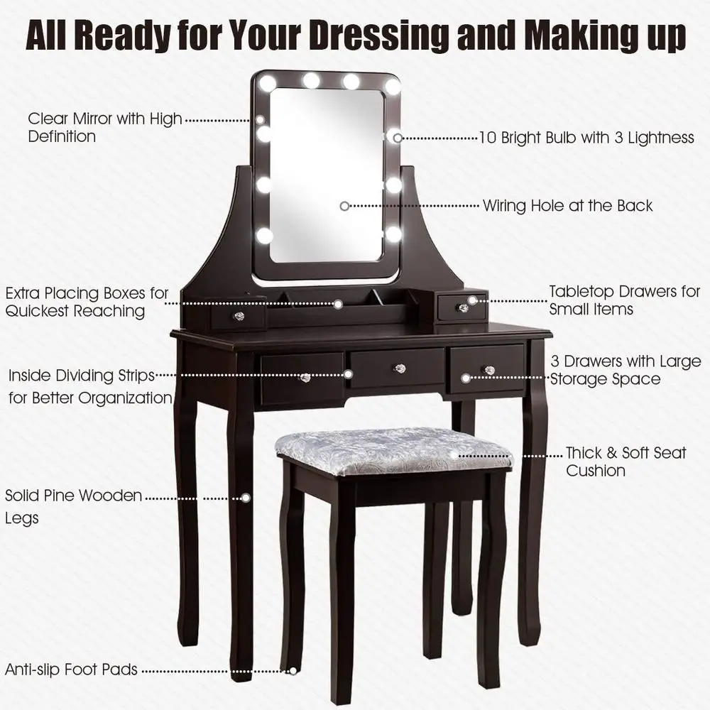 DORTALA Vanity Table Set w/ 360-Degree Recular Mirror & Cushioned Stool, Makeup Table w/ 10 LED Dimmable Bulbs, Bedroom Wood Dri view 5