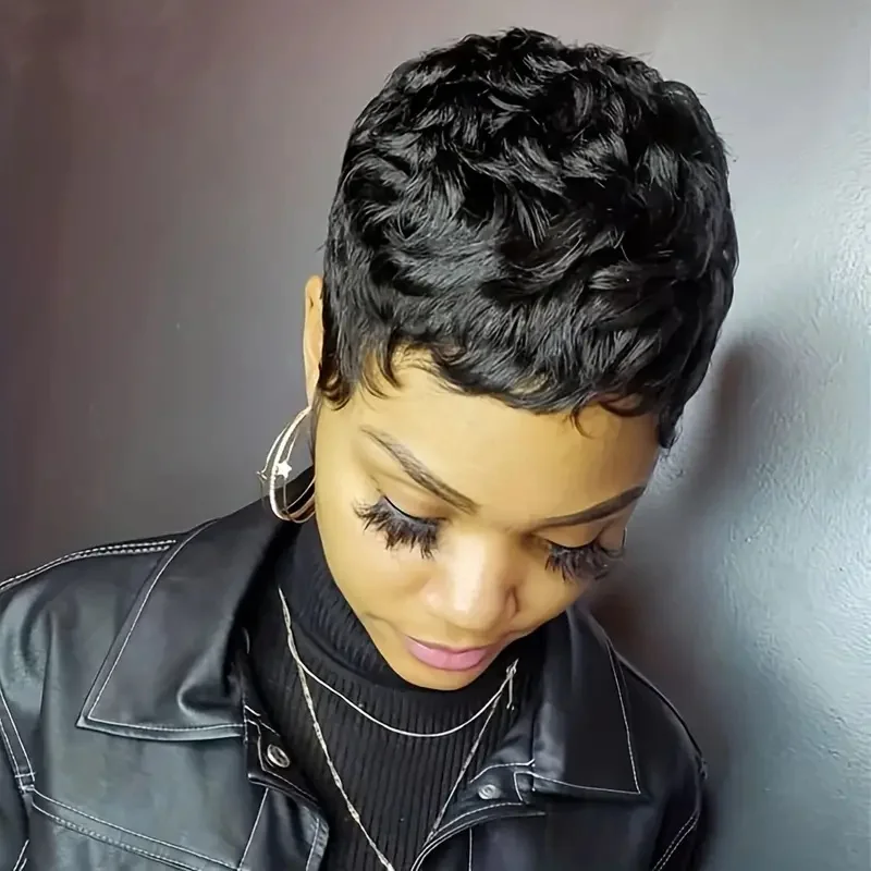 Perruque Bob Pixie Cut Brésilienne Naturelle avec Frange, Cheveux Courts Bouclés, Faite à la Machine, Pas Cher, pour Femme Noire