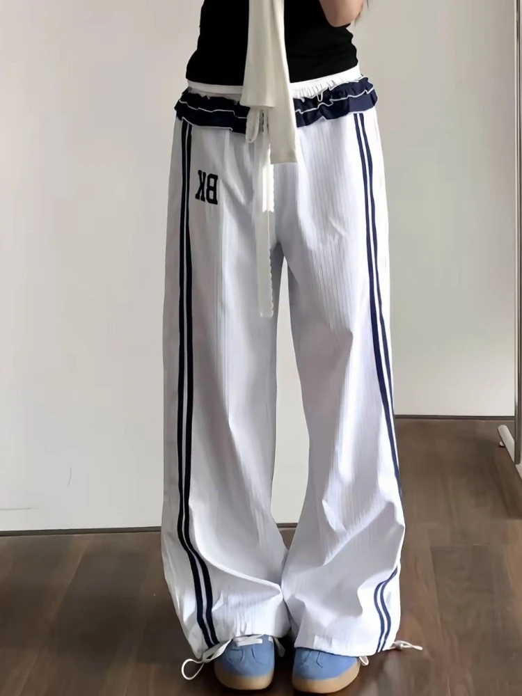 

HOUZHOU Vintage Striped Ruffles Patchwork Women Pants Y2k Sweet Wide Leg Korean Fashion Baggy Trousers Casual Aesthetics Summer