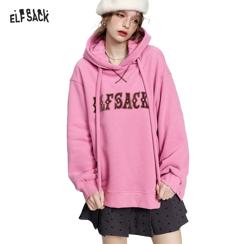 ELFSACK 2024 Winter New Arrivals Casual Red Letter Slit Plush Hoodie for Women Christmas