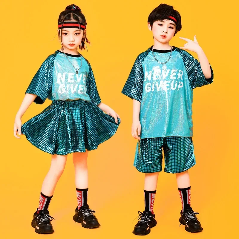 

Boys Girls Sequin Sport Short Sleeve T-shirt Shorts Skirt Sets Kids Hip Hop Suit Children Stage Performance Tracksuit