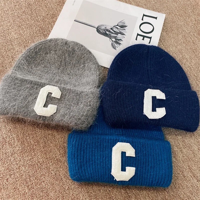 Luxury Brand Real Rabbit Fur Letter C Knitted Hat Women Winter Warm Beanie Casual Knit Men\'s Hat Soft Fluffy Ski Skullies Caps